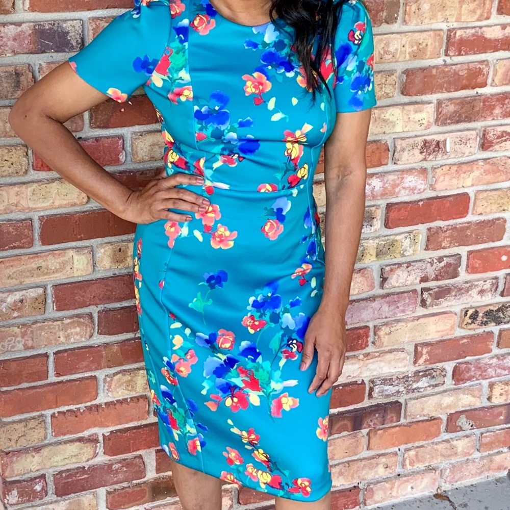 Blue floral print dress, size 4, midi length